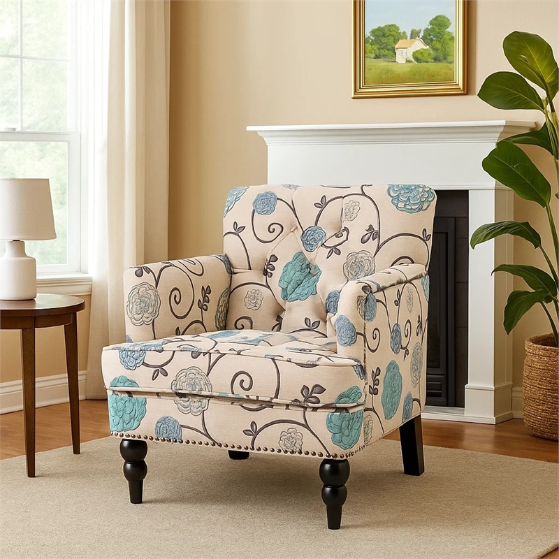 Lit Club Chair- Beige Tufted Floral Upholstery- Nailhead Brown Wood