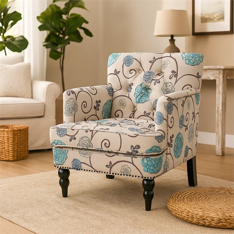 Lit Club Chair- Beige Tufted Floral Upholstery- Nailhead Brown Wood