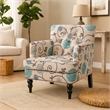 Lit Club Chair- Beige Tufted Floral Upholstery- Nailhead Brown Wood