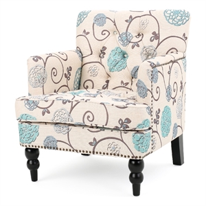Lit Club Chair- Beige Tufted Floral Upholstery- Nailhead Brown Wood