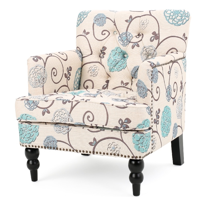 Lit Club Chair- Beige Tufted Floral Upholstery- Nailhead Brown Wood