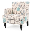 Lit Club Chair- Beige Tufted Floral Upholstery- Nailhead Brown Wood