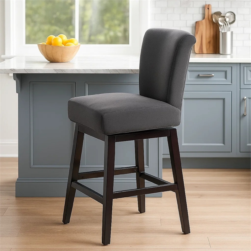 Swivel Barstool Chair- Modern Charcoal Gray Upholstery. Espresso Brown