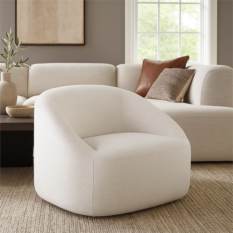 Opal Swivel Accent Chair- Light Oat Gray Polyester- Contoured Barrel Back