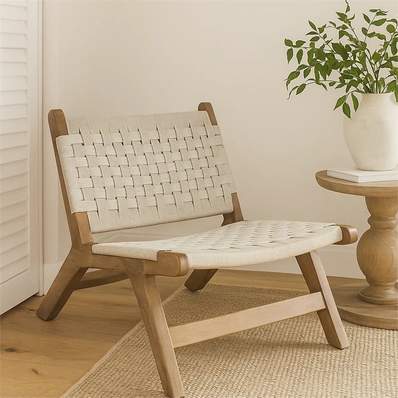 Loe Accent Chair- Boho Natural Rope Woven- Walnut Brown Angled Wood Frame