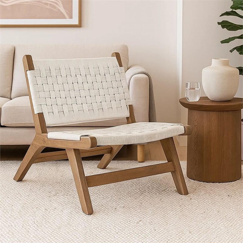 Loe Accent Chair- Boho Natural Rope Woven- Walnut Brown Angled Wood Frame
