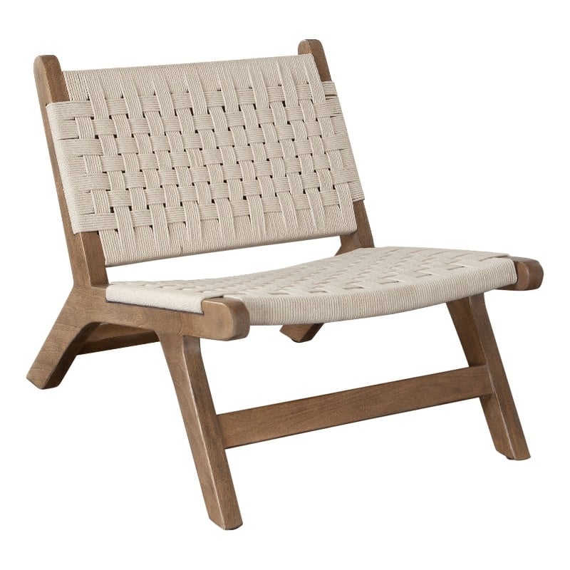 Loe Accent Chair- Boho Natural Rope Woven- Walnut Brown Angled Wood Frame