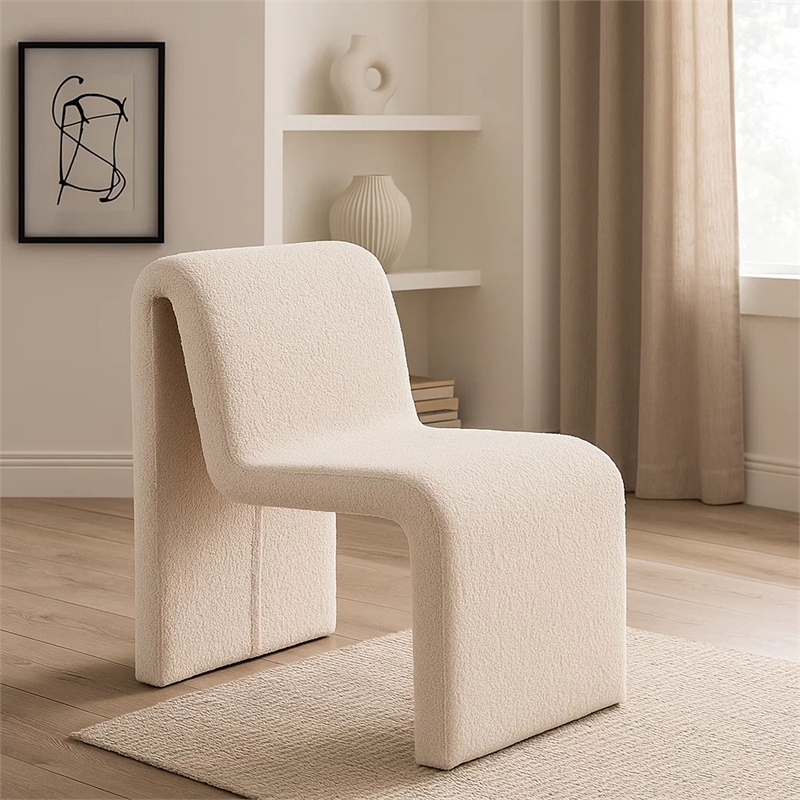 Nena Armless Dining Chair- Curved Light Camel Brown Shearling Fabric