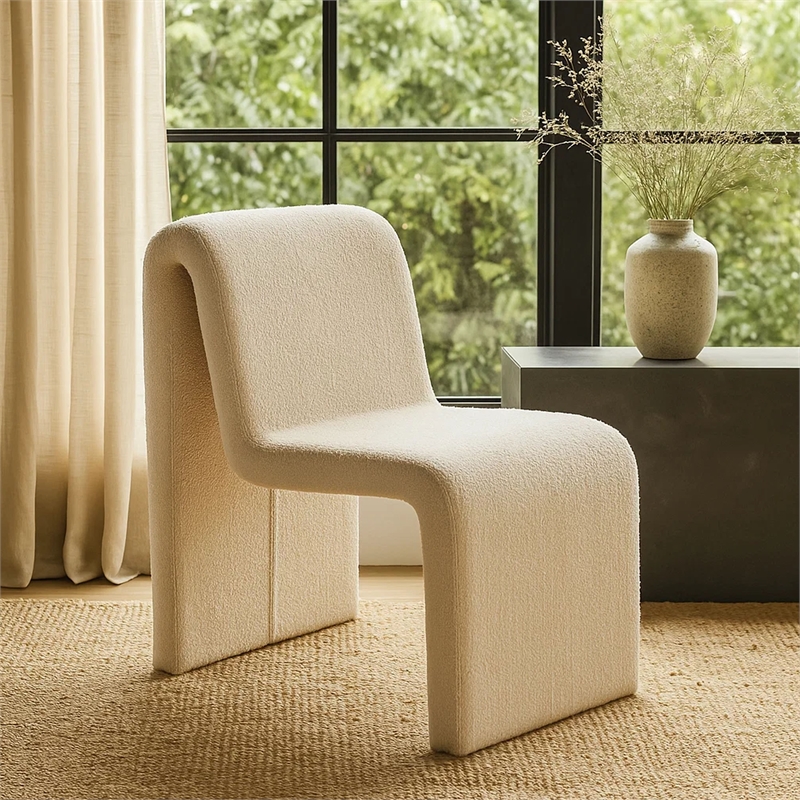 Nena Armless Dining Chair- Curved Light Camel Brown Shearling Fabric