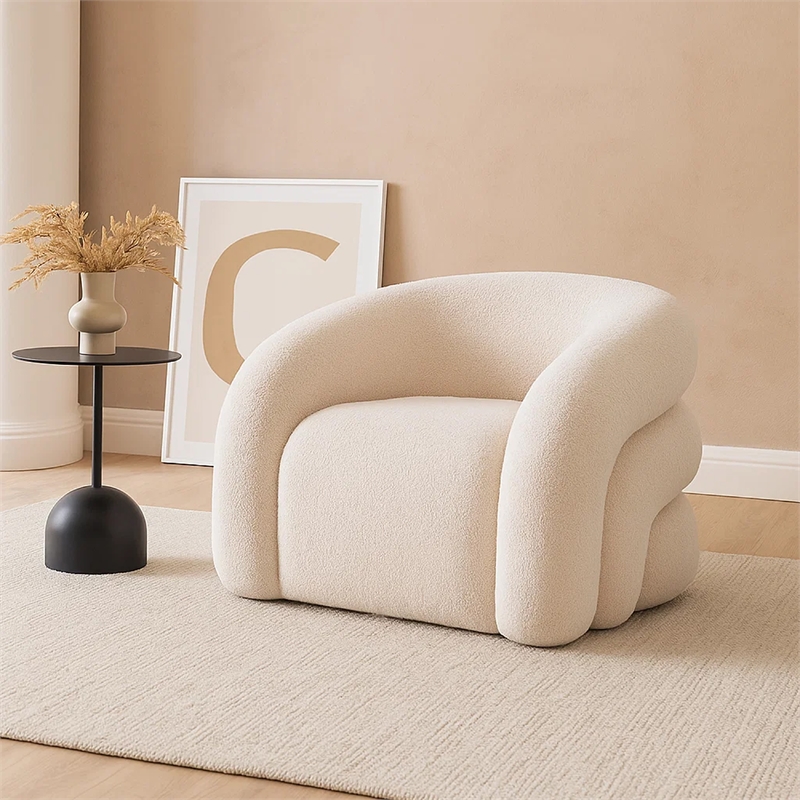 Veny Swivel Accent Chair- Ivory Sherpa Fabric- Curved Barrel Back