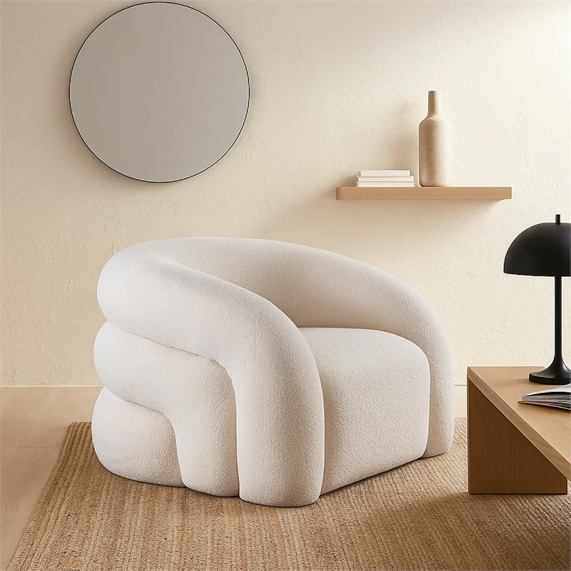 Veny Swivel Accent Chair- Ivory Sherpa Fabric- Curved Barrel Back