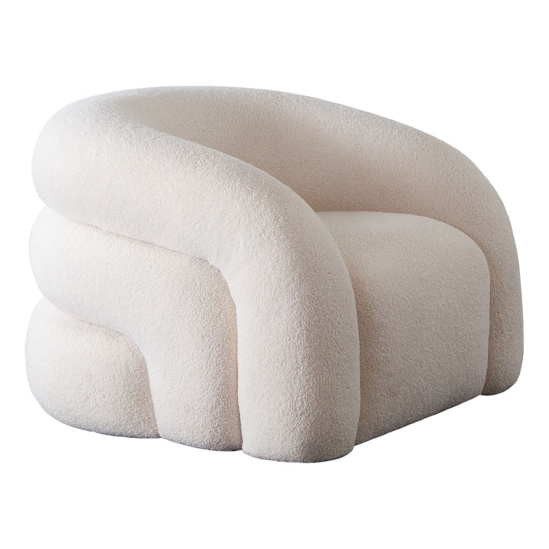 Veny Swivel Accent Chair- Ivory Sherpa Fabric- Curved Barrel Back
