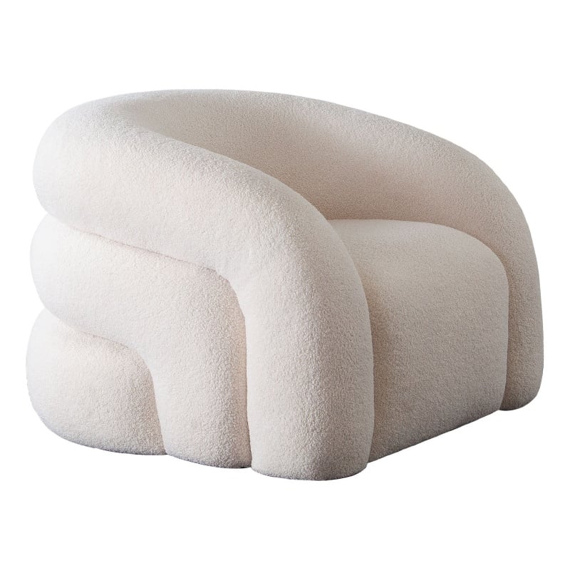 Veny Swivel Accent Chair- Ivory Sherpa Fabric- Curved Barrel Back