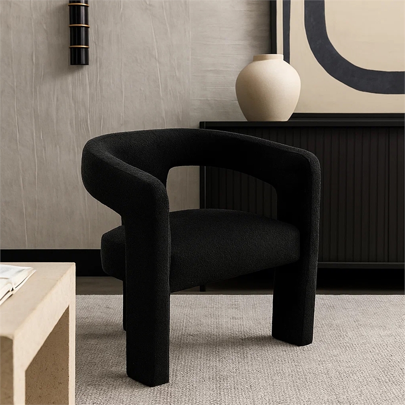 Gely Dining Accent Chair- Open Curved Back w Tripod Base- Black Boucle