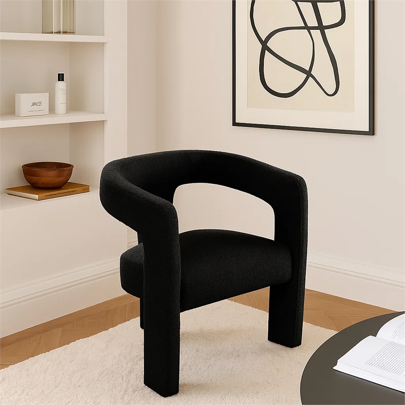 Gely Dining Accent Chair- Open Curved Back w Tripod Base- Black Boucle