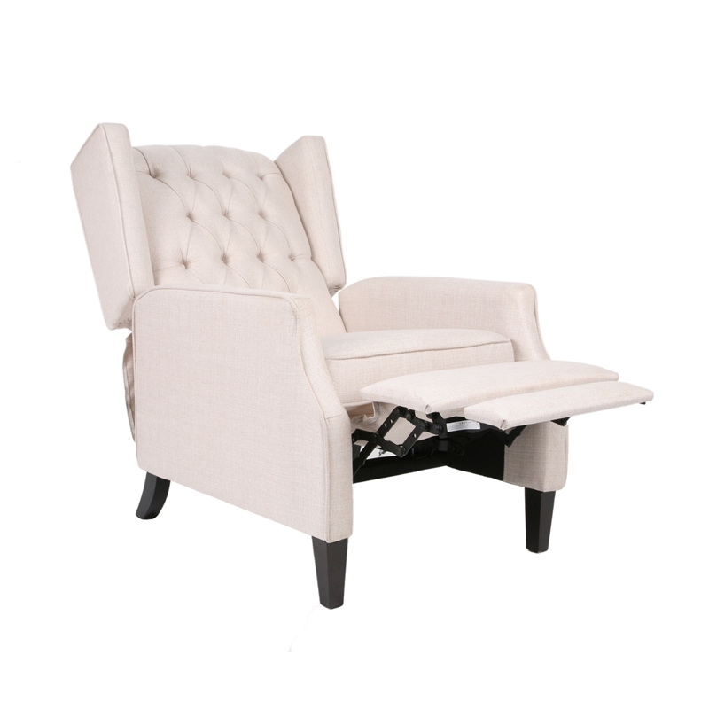 Pushback Recliner Chair- Strutted Legs- Beige Tufted Pleated Fabric