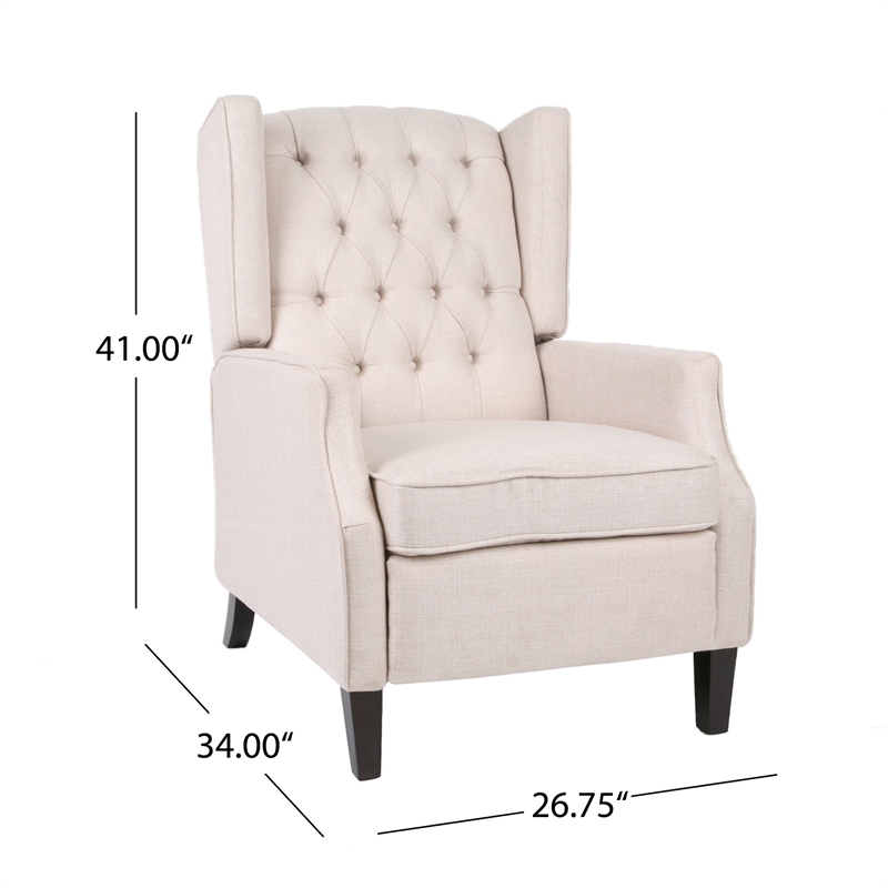 Pushback Recliner Chair- Strutted Legs- Beige Tufted Pleated Fabric