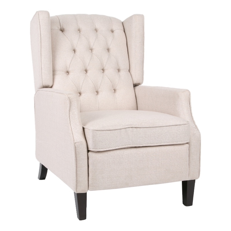 Pushback Recliner Chair- Strutted Legs- Beige Tufted Pleated Fabric