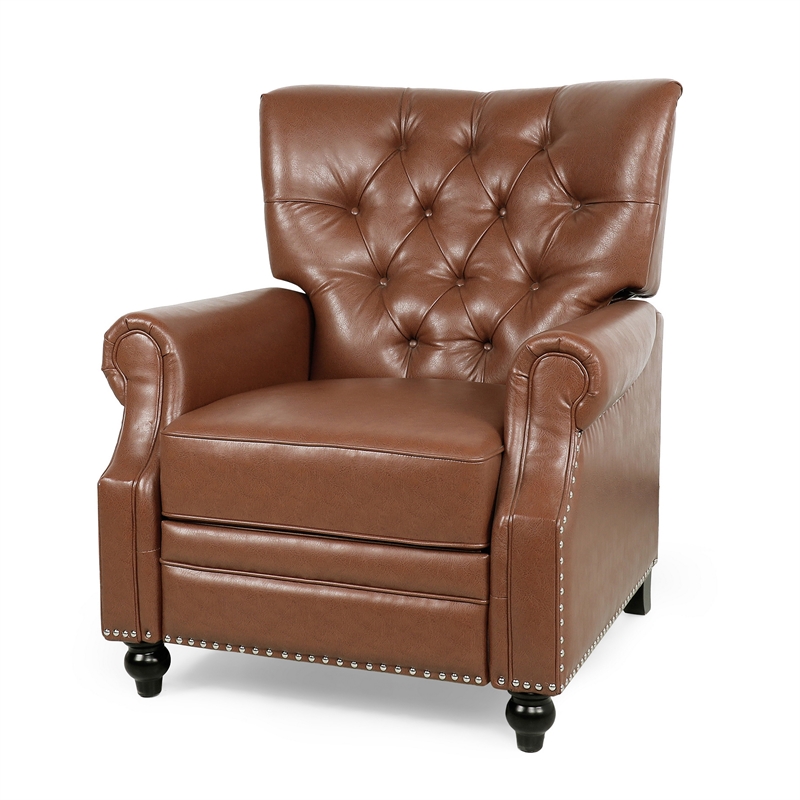 Recliner Chair- Turned Legs- Light Brown Button Tufted Faux Leather