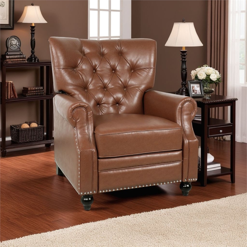 Recliner Chair- Turned Legs- Light Brown Button Tufted Faux Leather