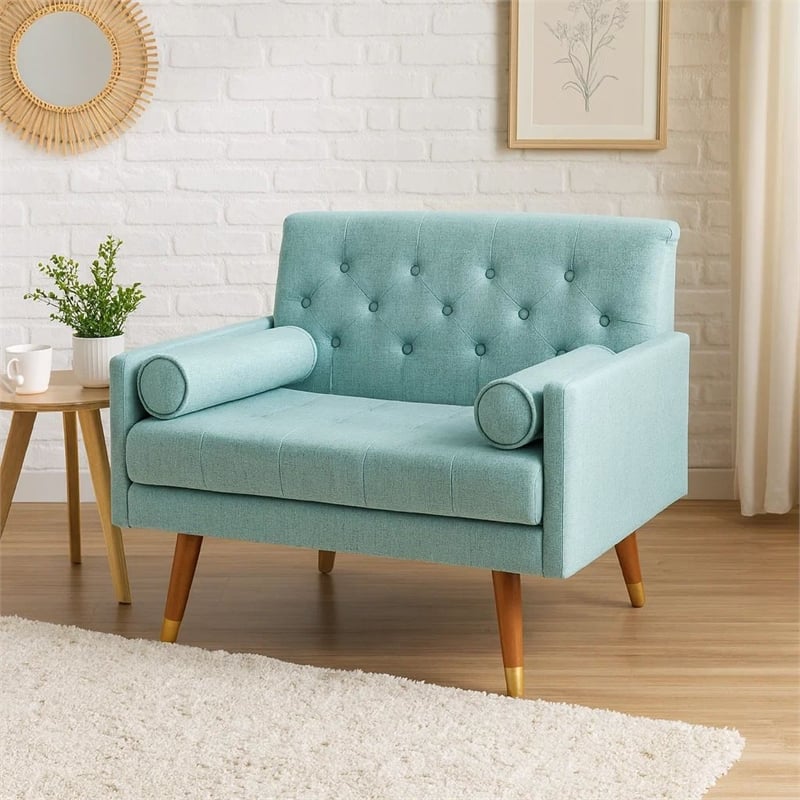 Lita Wide Accent Club Chair- Button Tufted- Light Blue Textured Fabric