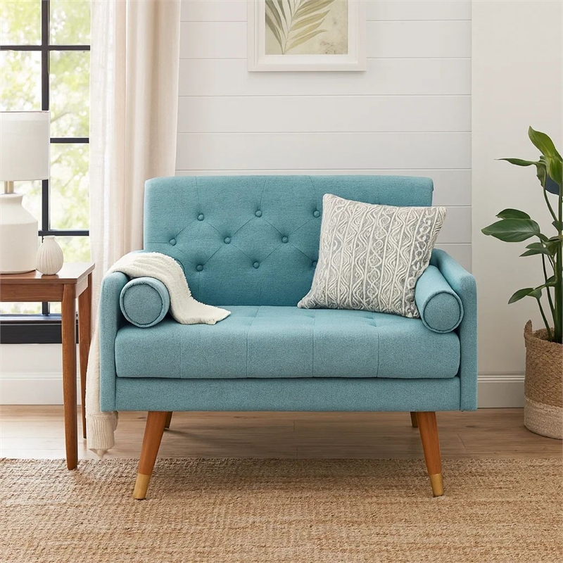 Lita Wide Accent Club Chair- Button Tufted- Light Blue Textured Fabric