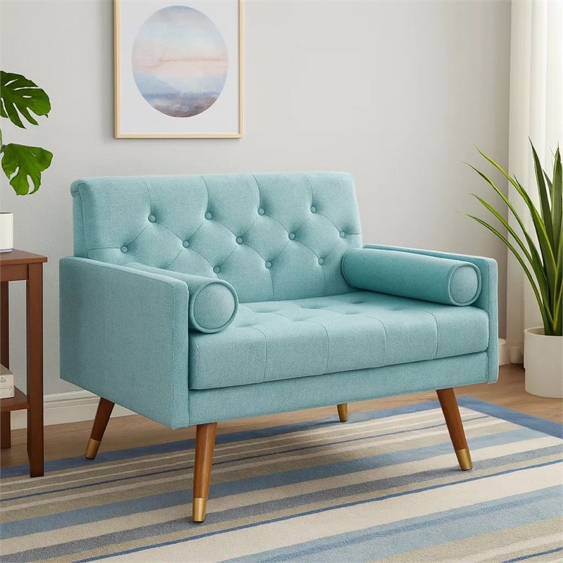 Lita Wide Accent Club Chair- Button Tufted- Light Blue Textured Fabric