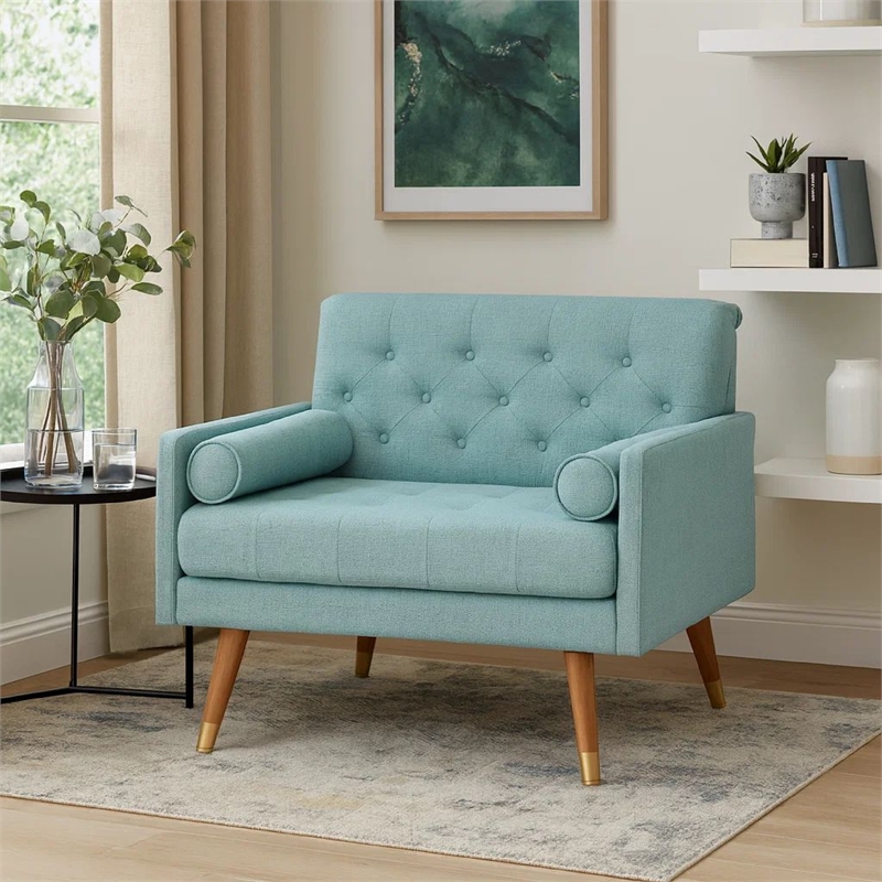 Lita Wide Accent Club Chair- Button Tufted- Light Blue Textured Fabric