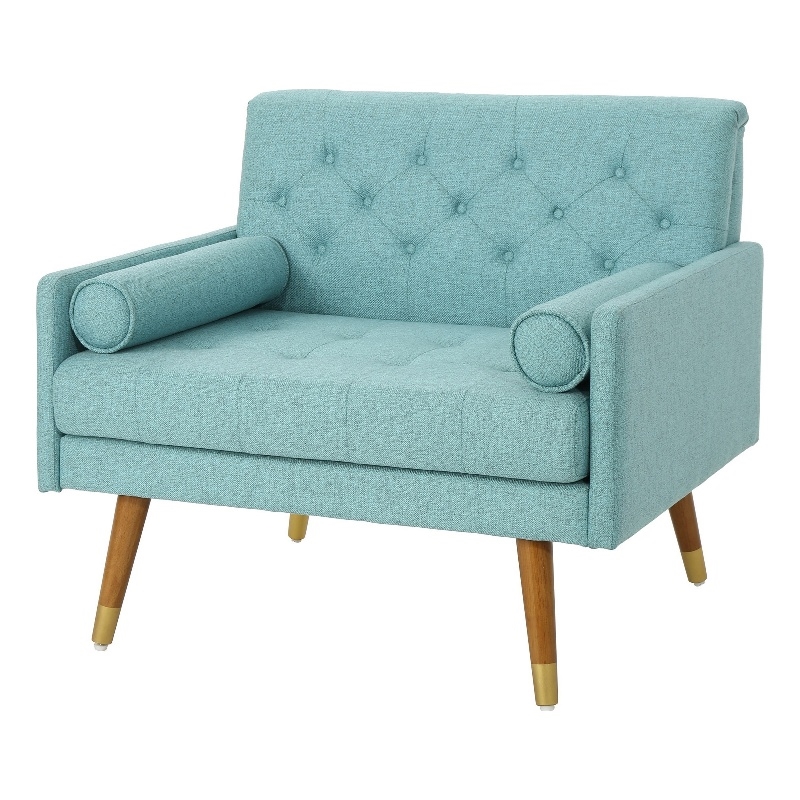 Lita Wide Accent Club Chair- Button Tufted- Light Blue Textured Fabric