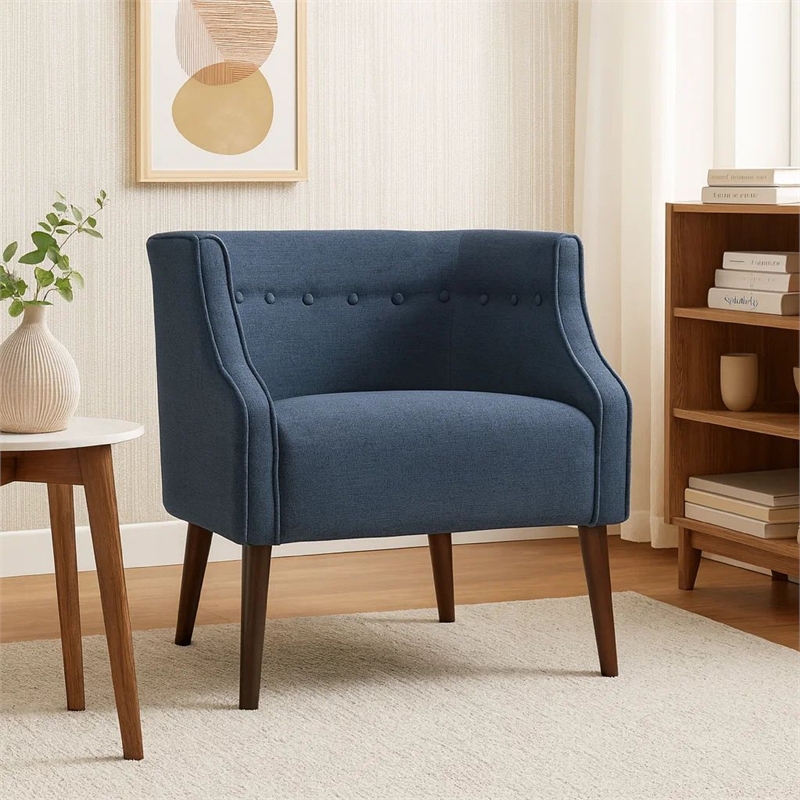 Accent Club Chair- Curved Barrel Back- Button Tufted- Navy Blue Fabric