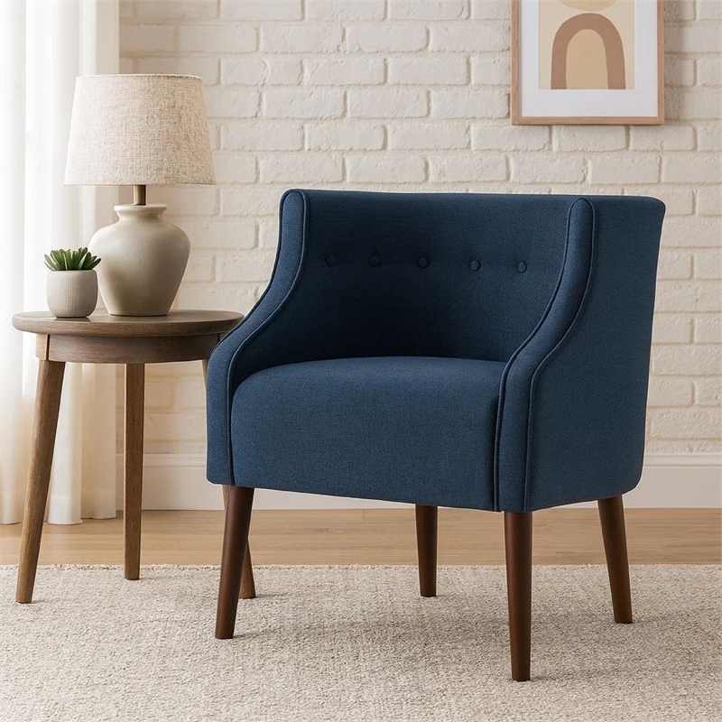 Accent Club Chair- Curved Barrel Back- Button Tufted- Navy Blue Fabric