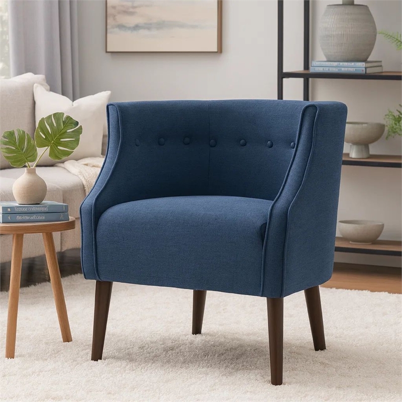 Accent Club Chair- Curved Barrel Back- Button Tufted- Navy Blue Fabric