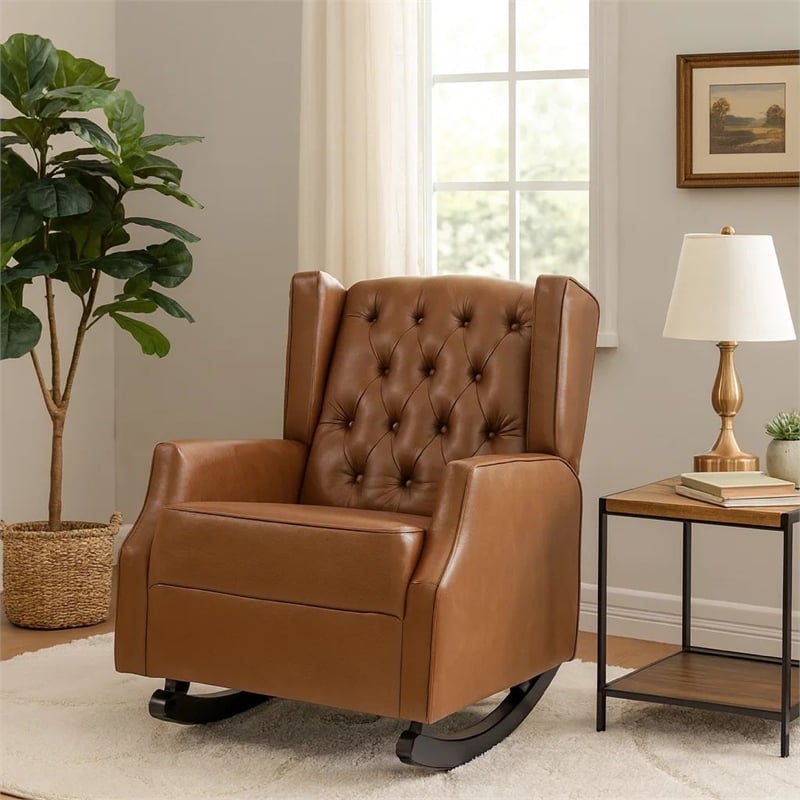 Zyna Rocking Chair- Gentle Motion- Brown Waffle Stitch Faux Leather