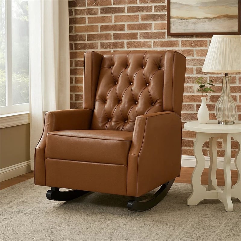 Zyna Rocking Chair- Gentle Motion- Brown Waffle Stitch Faux Leather