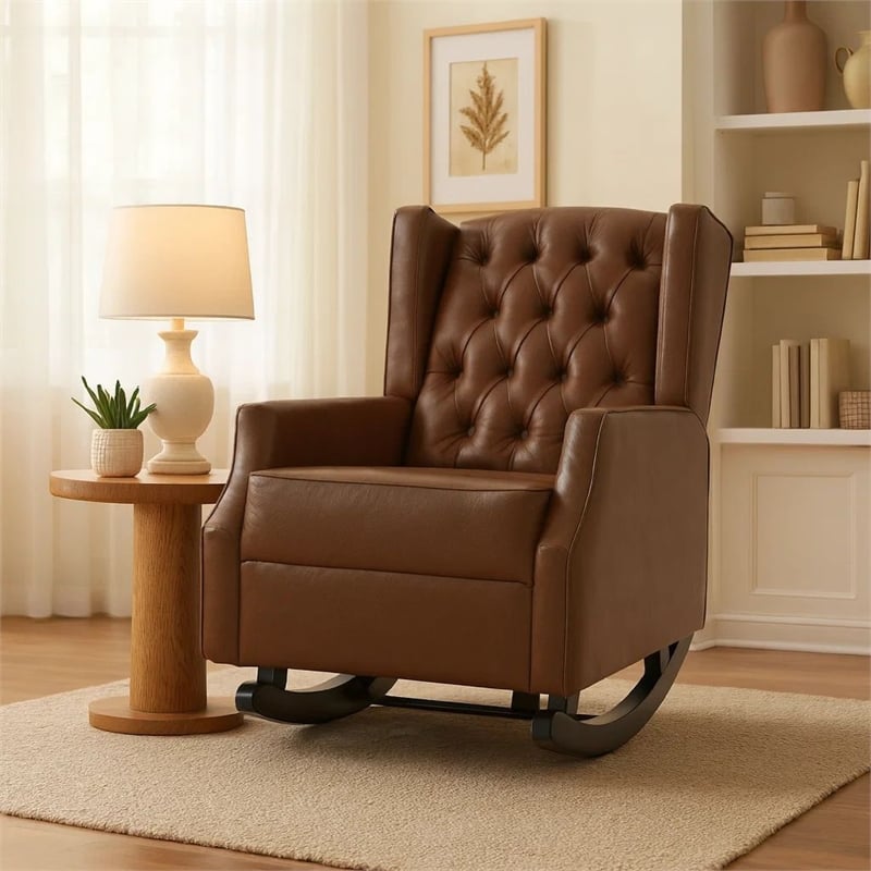 Zyna Rocking Chair- Gentle Motion- Brown Waffle Stitch Faux Leather