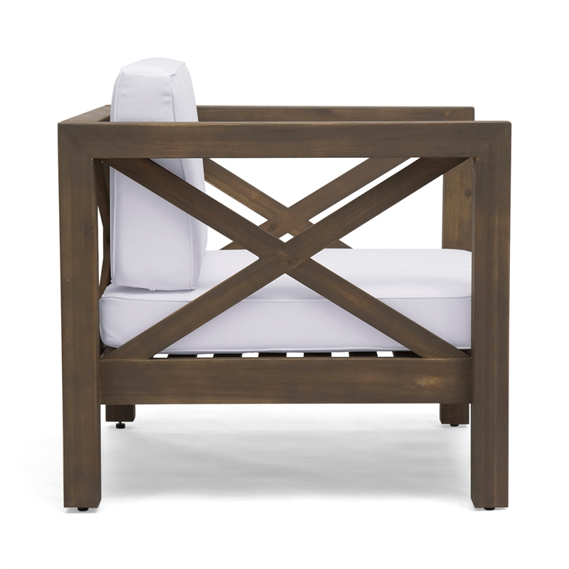 Bea Outdoor Club Chair- White Cushions- X Back Design Weathered Gray