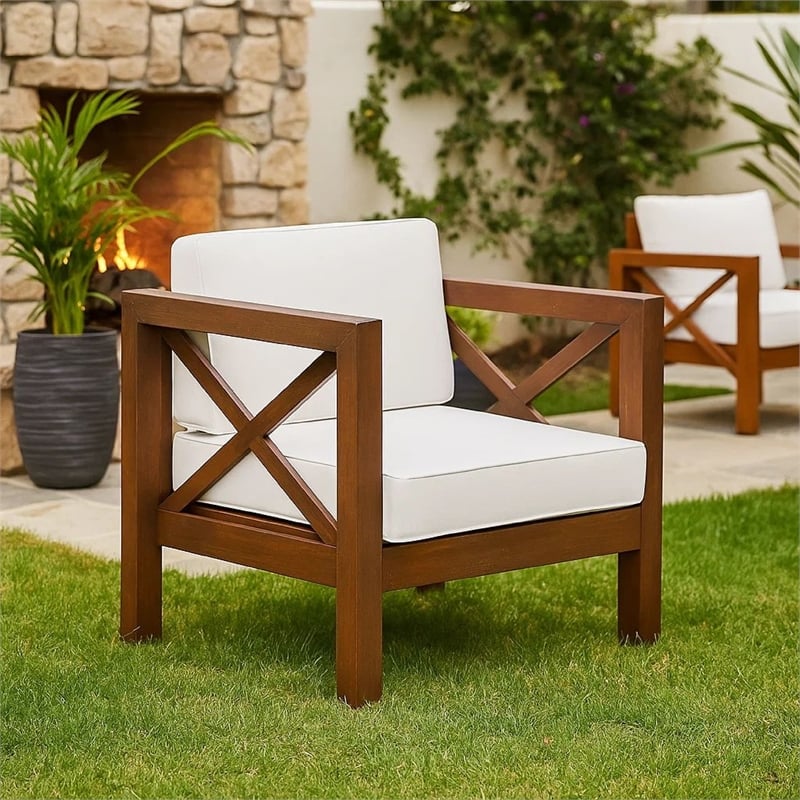 Bea Outdoor Club Chair- White Cushions- X Back Design Weathered Gray