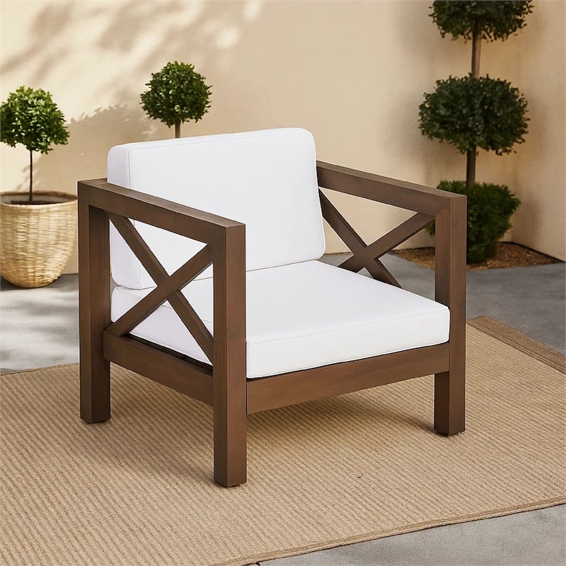 Bea Outdoor Club Chair- White Cushions- X Back Design Weathered Gray