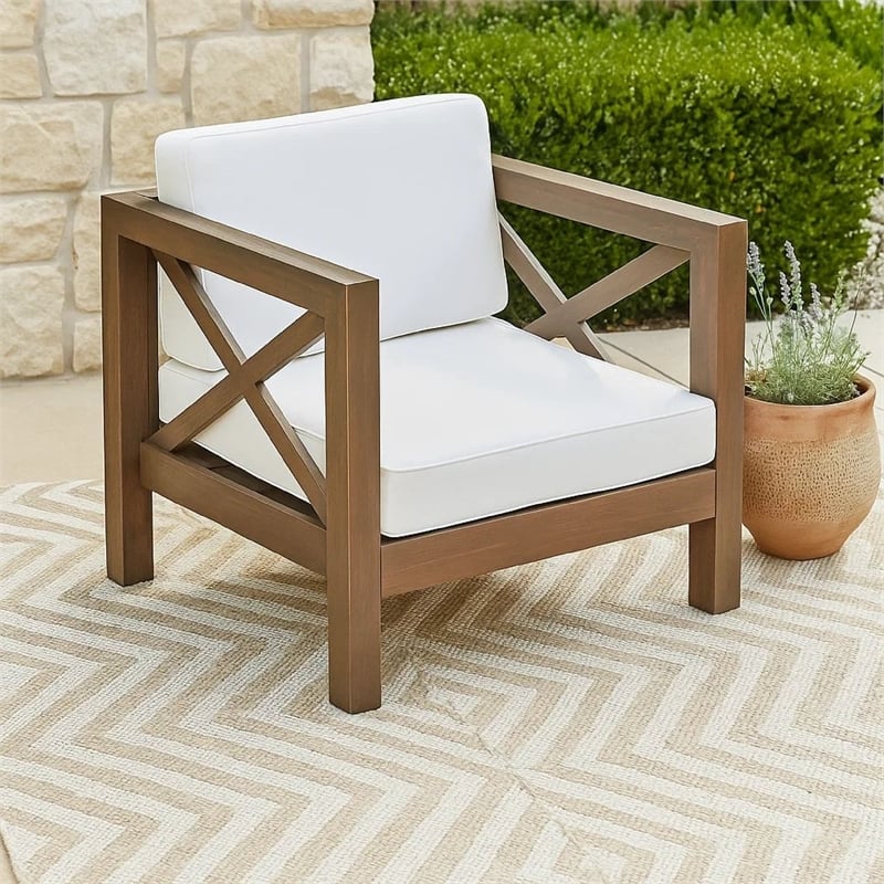 Bea Outdoor Club Chair- White Cushions- X Back Design Weathered Gray