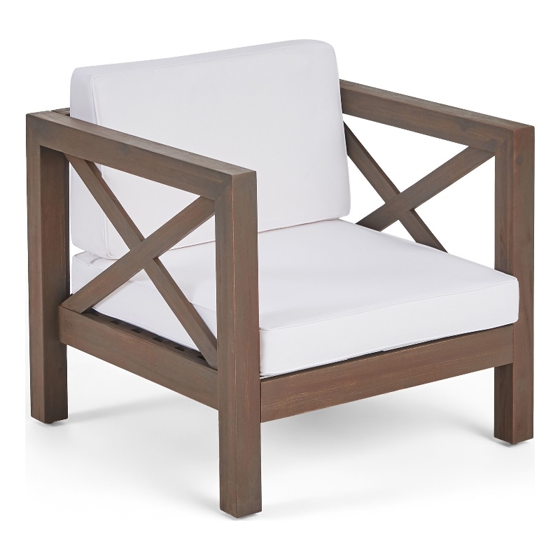 Bea Outdoor Club Chair- White Cushions- X Back Design Weathered Gray