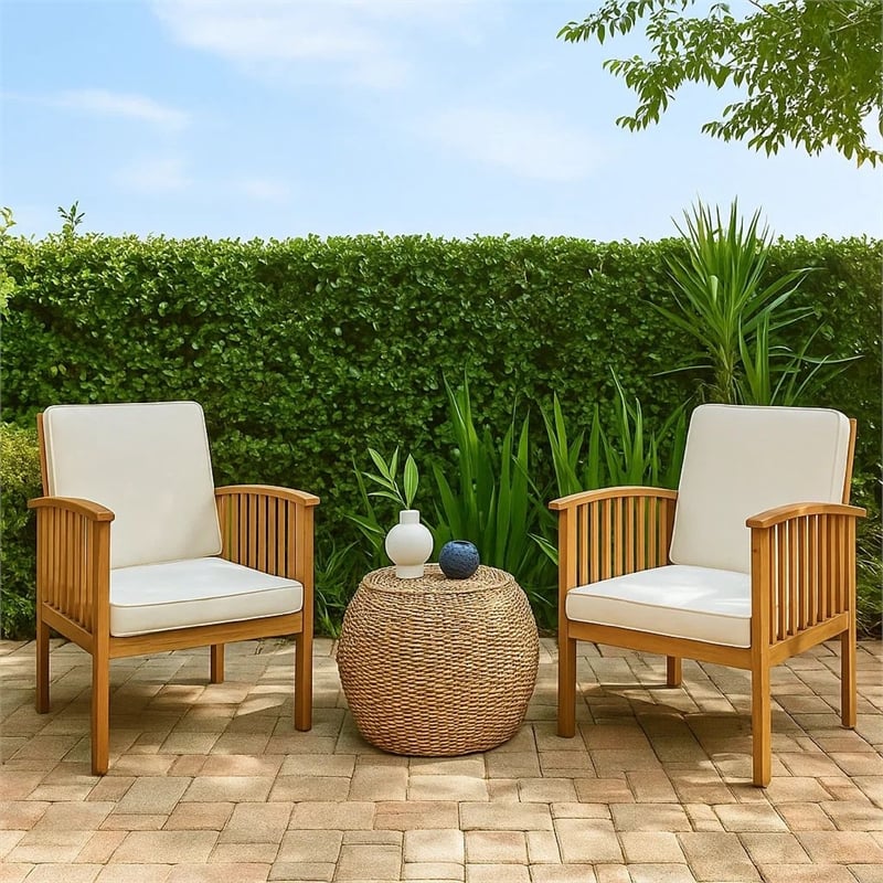 Gerry Outdoor Club Chairs Set of 2- Cream Fabric-  Slatted Light Brown