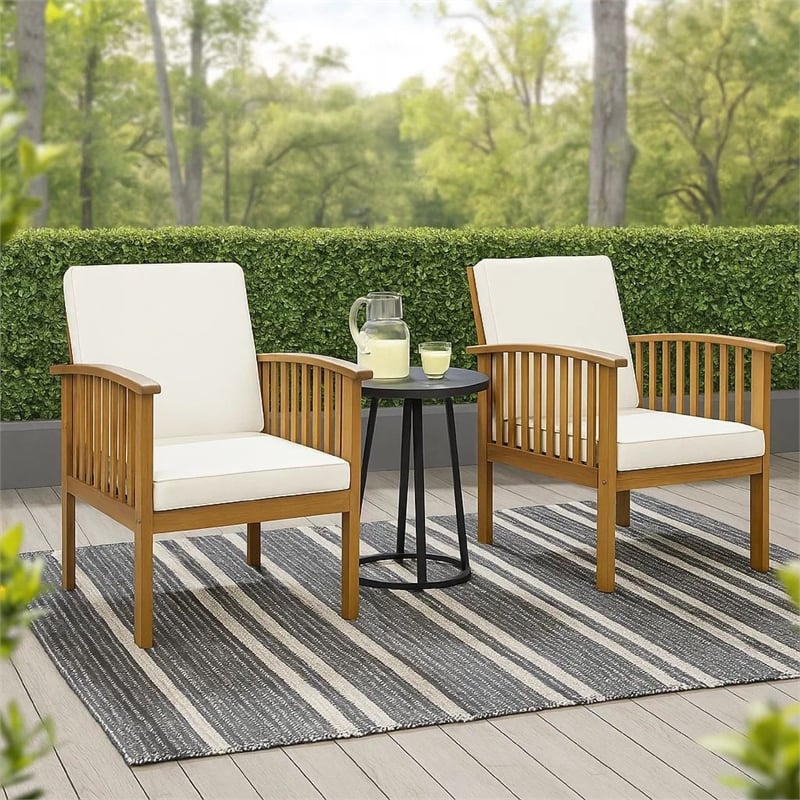 Gerry Outdoor Club Chairs Set of 2- Cream Fabric-  Slatted Light Brown