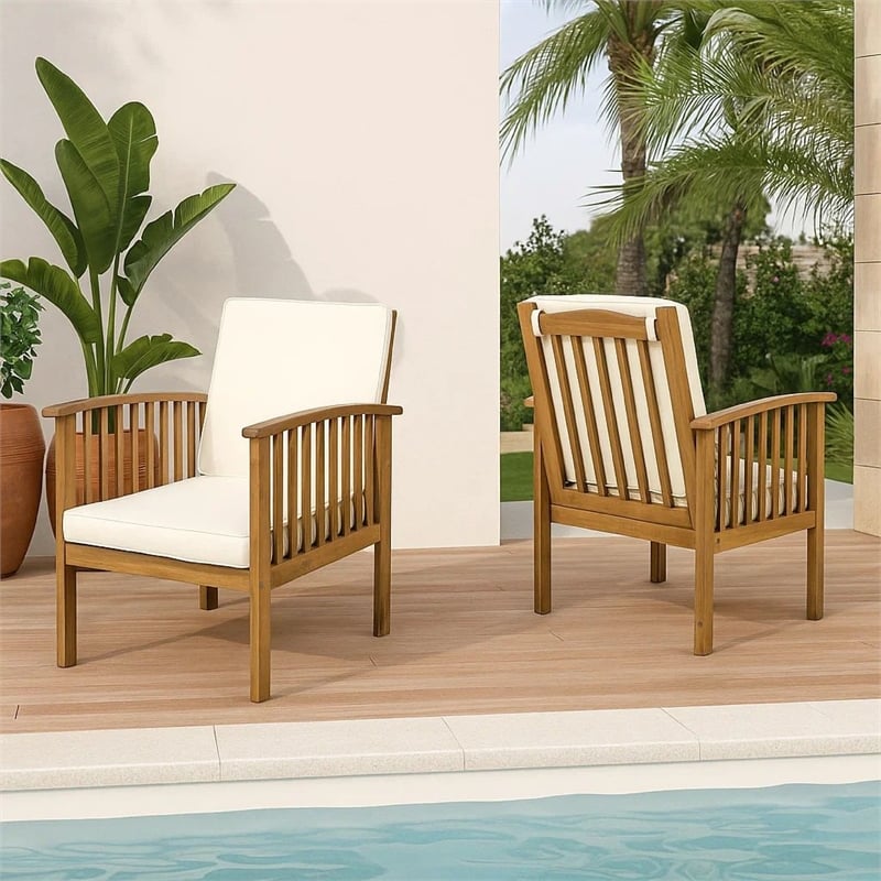 Gerry Outdoor Club Chairs Set of 2- Cream Fabric-  Slatted Light Brown