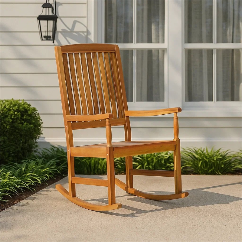 Fred Outdoor Rocking Chair- Slatted Back Design- Brown Acacia Wood