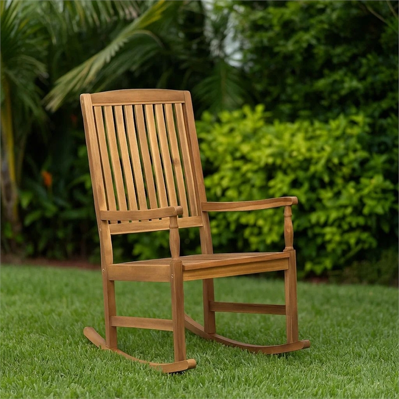 Fred Outdoor Rocking Chair- Slatted Back Design- Brown Acacia Wood