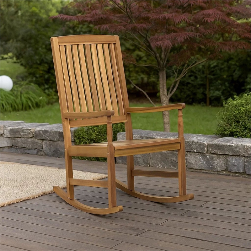 Fred Outdoor Rocking Chair- Slatted Back Design- Brown Acacia Wood