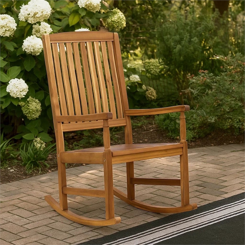 Fred Outdoor Rocking Chair- Slatted Back Design- Brown Acacia Wood