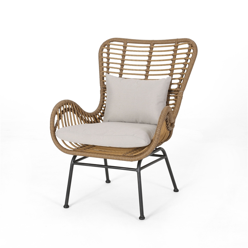 Margo Outdoor Accent Chair- Brown Woven Rattan- Beige- Black Metal