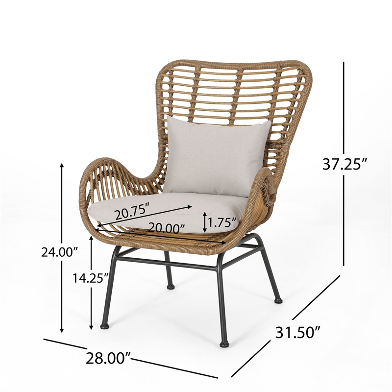 Margo Outdoor Accent Chair- Brown Woven Rattan- Beige- Black Metal
