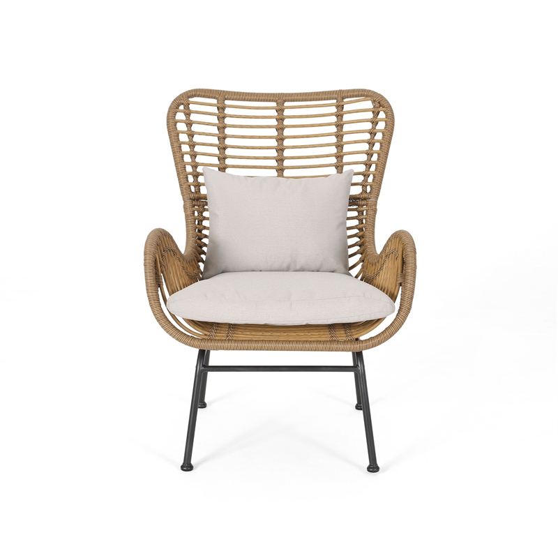 Margo Outdoor Accent Chair- Brown Woven Rattan- Beige- Black Metal